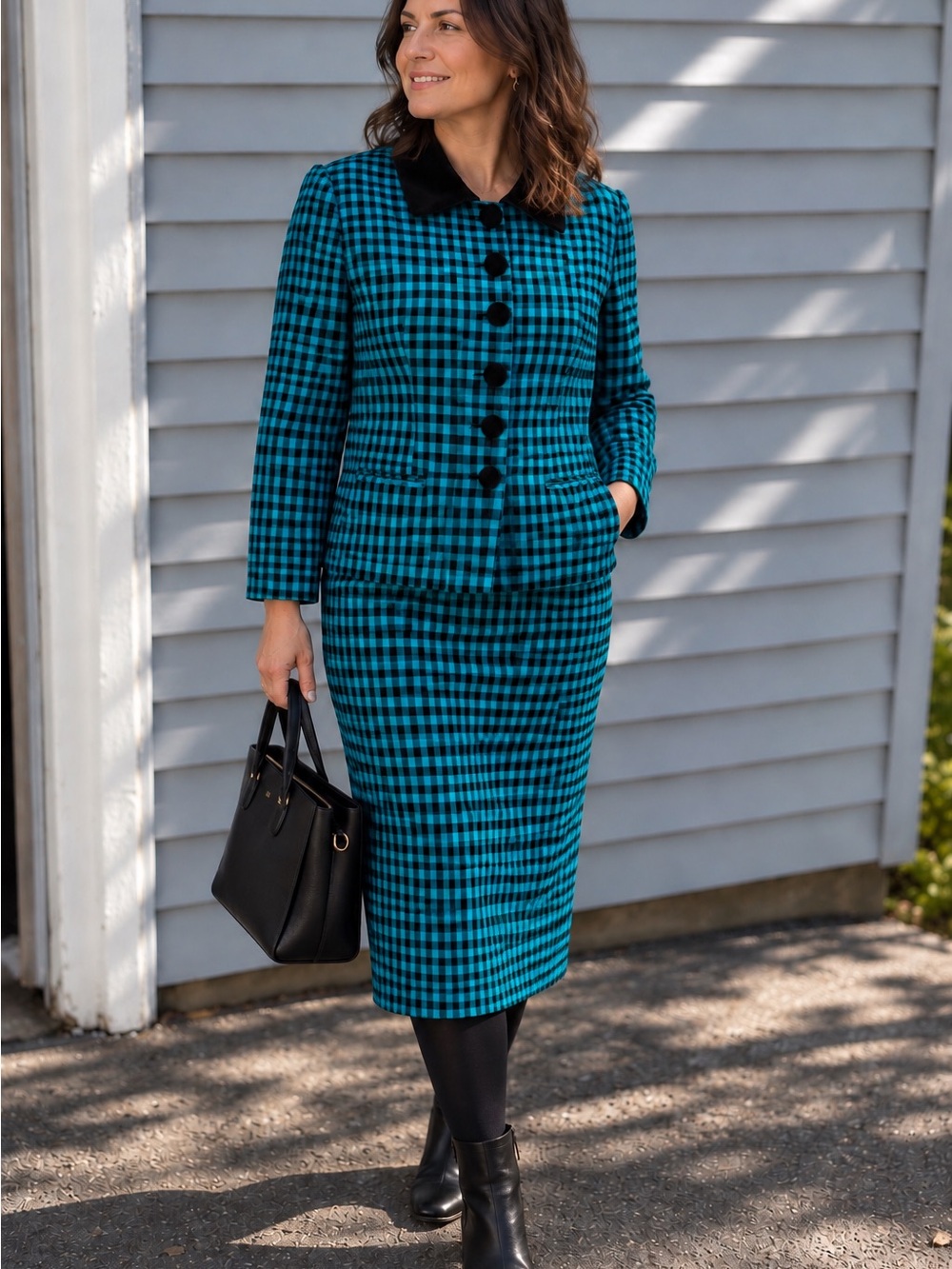 Braemar, Teal and Black Check Pencil Skirt - Women's Classic Two-Tone